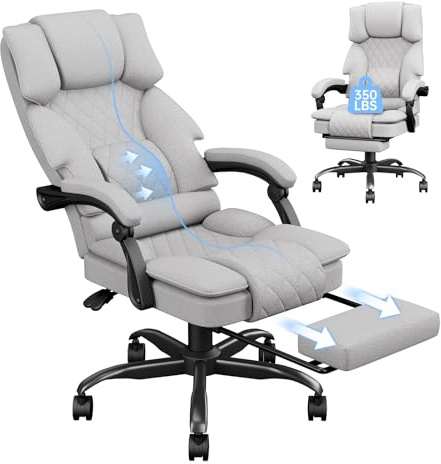 PZDO Desk Chair, Ergonomic Office Chair for Home, Fabric Computer Chairs with Footrest & Wide Seat, Big Tall Executive Chair for Adults, Adjustable Height Recliner, Heavy Duty, 350LBS, Light Grey