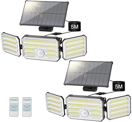 Giliwosy Luces Solares Led Exterior Jardin con Sensor de Movimiento, Focos LED Exterior Solares con Control Remoto 4 Modos 7000K 2000mAh IP67 Impermeable, 2 Piezas