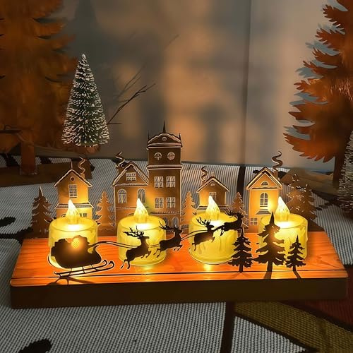REDKNOT Adventskranz Teelichthalter Modern, Metall Holz Haltern mit 4 LED Teelichtern, Weihnachtsdeko für Tischdeko, Schwarz, 26 x 12,2 x 8,2 cm