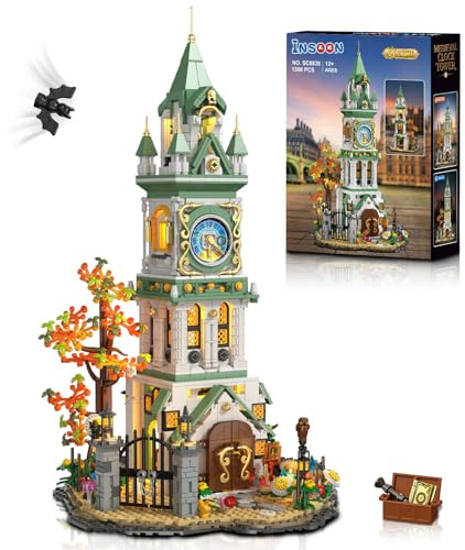 INSOON Magisches Uhrenturm Bauset mit Licht für Erwachsene, Burg Haus | Großes Mittelalterliches Haus Klemmbausteine mit Eule & Garten 1566 Stück, Geschenk für Jugendliche Jungen Mädchen ab 12+