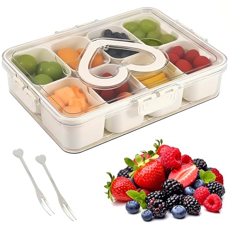 Eclove Contenitore Snack con 8 Scomparti, Vassoio da Portata Diviso con Coperchio e Manico, 2 Forchette Acciaio Inossidabile, per Frutta, Dolci, Noci, Adatto, Feste, Viaggi, Picnic