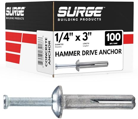 Surge BP - 1/4 x 3 MH Hammer Drive Nail in Concrete Anchor with Carbon Steel Nail | Fasteners for Concrete, Block, and Brick (100/BOX)