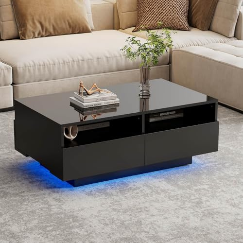 EURHCIO Table Basse Salon 55x90x35 cm,Table Basse Noir D'appoint,Meuble Bas Rangement avec 16 Couleurs de Éclairage LED,Port USB,4 Tiroirs,pour Salon Bureau(D-Noir)