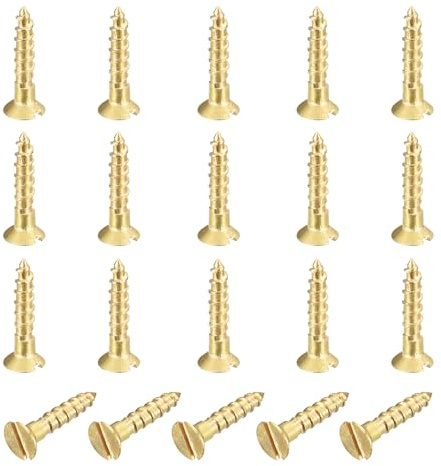 sourcing map 20 Pcs Brass Screws, M1.6 x 8mm Solid Slotted Drive Flat Head Self-Tapping Wood Screw Fasteners for Woodworking Furniture Repair Photo Frame Drywall Home Appliances, Gold