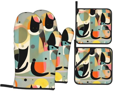 BROLEO Ensemble de pâtisserie de cuisine avec motif chat moderne du milieu du siècle, gants de four, ensemble quatre pièces épais et isolé