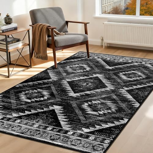 DEFYNEE Teppich Wohnzimmer 120x180 cm, Waschbare Kurzflor Teppiche, Schwarz | Vintage Wohnzimmerteppich, waschbar, OEKO, Retro, Rutschfest Kurzflor Weich für Schlafzimmer, Esszimmer, Küche, Büro