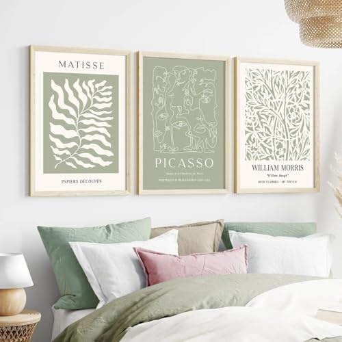 GOSRD Grünes abstraktes geometrisches Pflanzenlinien-Porträt, Wandkunst, Leinwand-Set, Drucke, Matisse-Wandkunst, Picasso-Kunstdrucke, Heimdekoration (30 x 40 cm, 3 Stück)