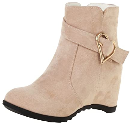 Generisch Stivaletti da donna alla moda, tinta unita, in pelle scamosciata, con fibbia, con zeppa interna, chiusura lampo laterale, con gambo corto, eleganti, 01 beige., 36 EU