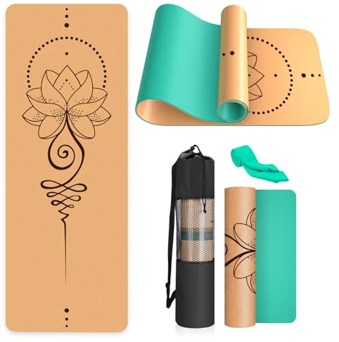 Haninj® Yogamatte-Kork, Rutschfest, Einzigartiges Design, Extradick Natürlicher Kork, TPE Fitness-Trainingsmatte mit Tragetasche und Gurt, für Zuhause, Pilates, Aerobic Fitnessstudio und Workout