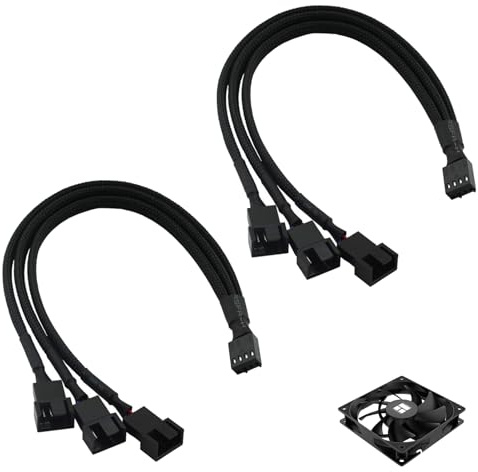 2 Pack 4 Pin PWM Fan Splitter, Fan Splitter Cable 27cm, 1 to 3 Computer Case Fans Y Splitter for Motherboard Header, PWM Speed Control Sync, Sleeved Black Extension for Desktop PC Cooling Builds