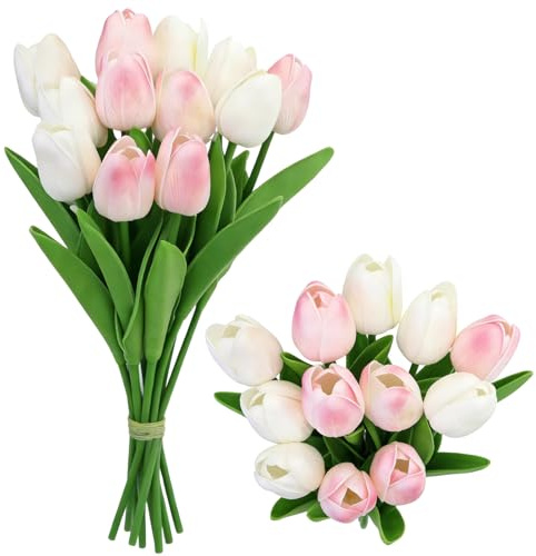 12 Stück künstlichen Tulpen mit 2 Farben, künstliche Blumen,Kunstblume Latex Blumen Real-Touch Tulpe Deko Kunstpflanze, für Party, Haus, Muttertag, Hochzeitsdekoration und DIY-Dekoration (Weiß & Rosa)