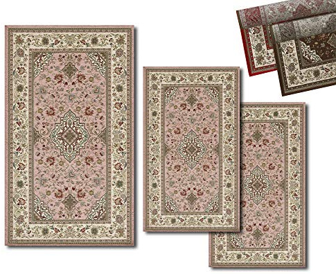 Tris Tappeto Velour con Antiscivolo Classic Tabriz Rosa Cipria Camera da Letto Scendiletto
