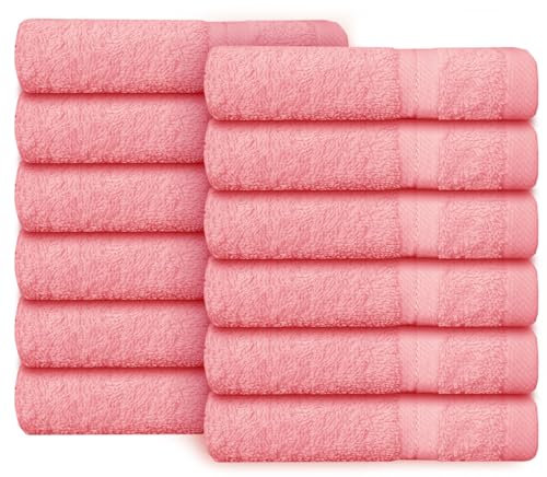 Casabella Premium Quality 12 Pink Face Towels (30x30CM) Highly Absorbent Wash Cloth set, 100% Combed Cotton 650 GSM Fingertip Towels soft Flannel Face Cloths 12 Pink Face Towel