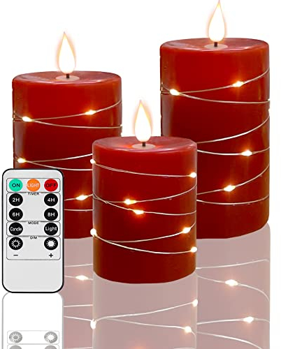 Fanzir Rote LED Kerzen Batteriekerzen mit Lichterketten, flackernde Kerzen mit Fernbedienung und Timer Batteriebetriebene LED-Kerzen für saisonale und festliche Feiern Set mit 3 Kerzen.