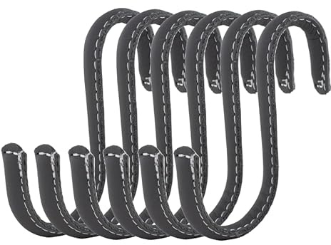 Brute Strength – S-Haken mit Lederummantelung – Grau – 6 Stück | 10 cm S-Haken aus Edelstahl, mit Vollnarbenleder umwickelt; für Küche, Kleiderschrank, Werkstatt und Bad