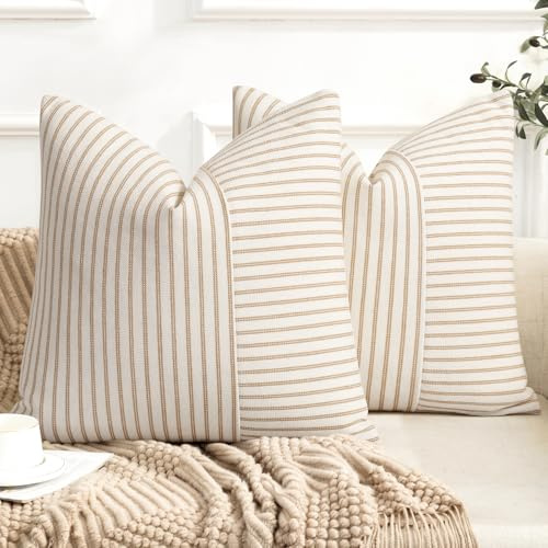 YCOLL 2er Set Kissenbezug 60x60 Baumwolle Leinen Kissenhülle Sofakissen Streifen Dekokissen Boho Deko Kissenhüllen Dekorativ Kissenbezüge für Sofa Wohnzimmer Schlafzimmer Outdoor Kissen 60x60 Khaki