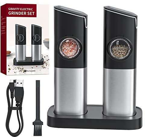 CONOYAR Elektrische Schwerkraft Salz und Pfeffermühle 2er Set, Salzmühle elektrisch kippsensor mit Dualer Aufladen Ladestation USB, Einstellbarer Gewürze Grobheit LED Licht für Küche, KYMQ-13C