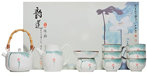 Lotus Service à thé en céramique peinte à la main Kung Fu pour la maison et le bureau, élégant service à thé oriental en céramique avec coffret cadeau