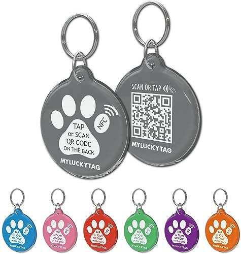 MYLUCKYTAG NFC Smart ID-medalj och QR-kod för husdjur, online husdjursprofil, e-postvarning för husdjursplats, Klass, grå, 1.2*2.15 inches