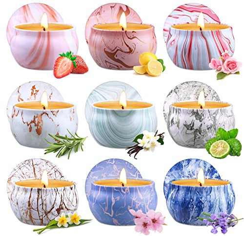 Duftkerzen Geschenke, 9 Stück Aromatherapie Kerzen Set für Frauen, Sojawachs Kerzenset, Tragbare Reisekerzen, Kleine Geschenkset für Muttertag,Weihnachten,Geburtstag, Valentinstag, Bad, Yoga