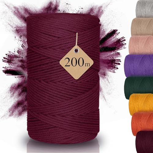 AMPARA – Makramee Garn 3mm x 200m – Häkelgarn für Taschen, kleine Körbe, Untersetzer etc. | Nachhaltiger DIY Flechtkordel 100% Recycelt & Hochwertig (burgunder)