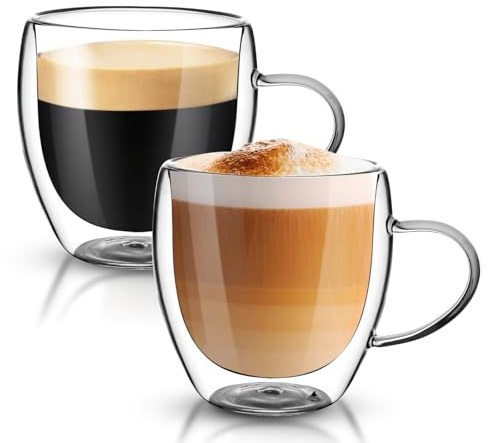 Dyserbuy 2 Pack Double Walled Glass Mug, Cappuccino Drinking Cups, Insulated Glass Coffee Cup with Handle, Perfect for Espresso, Latte, Espresso, Tea, Juice, Beverage (250ml/ 8.5oz)