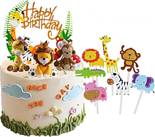 ZephyrHome 11er Waldtiere Tortendeko für 1. Geburtstag, Dschungel Tiere Geburtstagstorte Dekoration, Safari Zoo Cake Topper, Tierfiguren inklusive Giraffe, Löwen, Affe - Torten Deko für Jungen Mädchen