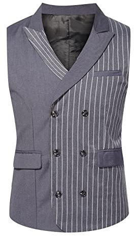 OBiQuzz kostymväst herr väst dubbelknäppt smal passform retro vintage väst randig herrväst business bröllop ärmlösa västar v-ringad elegant kostymväst klassisk kostym väst med ficka, GRÅ, XXL