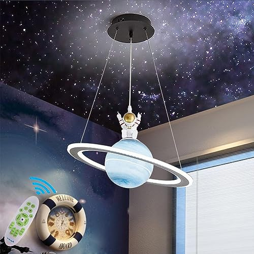 Lanekd LED Kinderzimmerlampe Pendelleuchte Dimmbar Ø48CM Planet Hängelampe Jungen Mädchen Schlafzimmerlampe Modern Rund Design Kronleuchter Küchen Esszimmer Wohnzimmer Hängeleuchte (Blau-A)