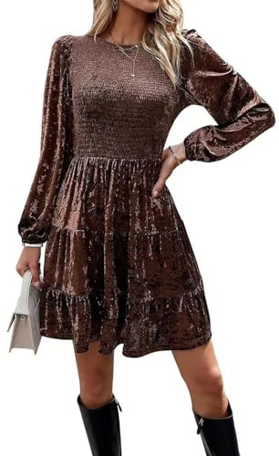 Sumleno Robe de Cocktail en Velours pour Femme - Automne et Hiver - Manches Longues - Taille Haute - Coupe trapèze Fluide - Mini Robe de soirée Courte, Marron, Taille M