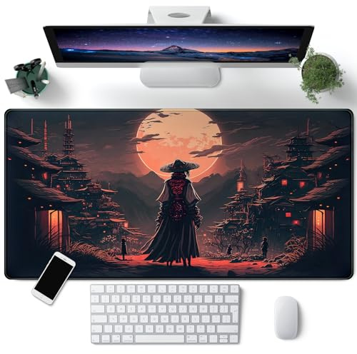Tapis de bureau paysage japonais avec samouraï, grand tapis de souris esthétique foncé, taille XXL 80 x 40 cm, pour ordinateur portable