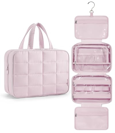 BAGSMART Kulturbeutel zum Aufhängen, Kulturtasche für Damen, Kosmetiktasche Groß, Toilettentasche Damen Reise Schmuck Organizer, Puffy Makeup Bag Organizer, Rosa