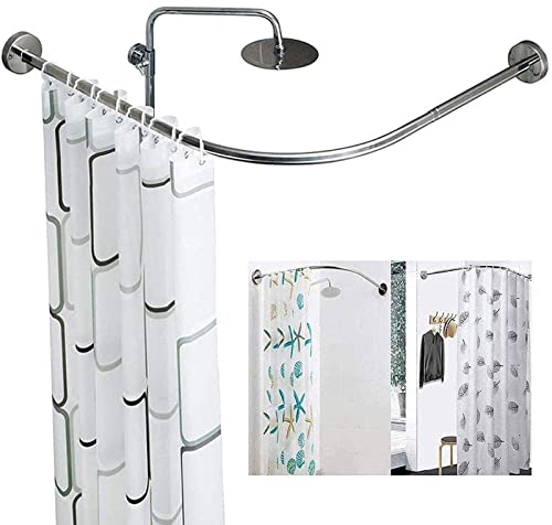 Gebogene Duschvorhangstange, ausziehbar, ohne Bohren, Duschvorhangstange, L-Form, Edelstahl, gebogene Duschvorhangstangen, Vorhangaufhängerstange für Badezimmer, Küche, Umkleidekabine, Silber, 70–95