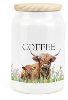 Purely Home Highland Cow Ceramic Coffee Storage Canister - Mum & Calf Farmyard Kitchen Food Storage Container & Wooden Lid 600ml (14.5cm x 9.5cm)