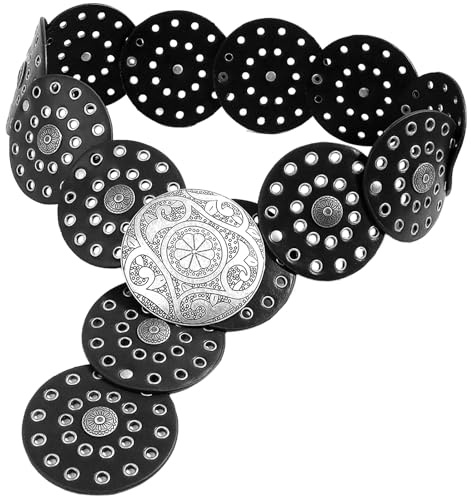 Heyjoin Brett skivbälte för kvinnor PU-läder midjebälte metallspänne boho, Silver svart a, M: 47.2 in/120 cm