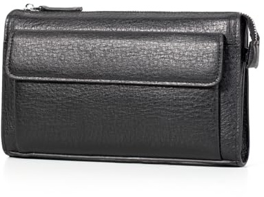 Balidiya Men Clutch Bags Genuine Leather Long Wallet Large Capacity Purse Business Card Organizer Handbag Travel Bag, Balck, 9.8 x 2.4 x 5.9 inches