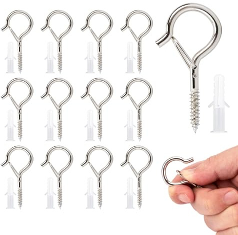 KINGLAKE Screw in Hooks, 12 Pcs Q Hanger Hooks for Outdoor Christmas String Light, Safety Buckle, Fence Celling Silver Screw Hook for Wood Wall Hanging Fairy Lights Plants Bird Feeders Cups