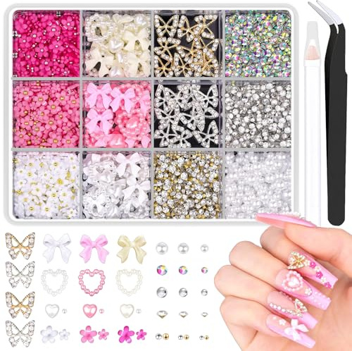 Moguri 1 Box 3D Nail Art Charms Set, Schmetterling Nagel Charms, Herz Schleifen Charms, Strasssteine, Perlen, Nagel Steine mit Pinzette und Dotting Tool für Y2K Nägel Dekoration