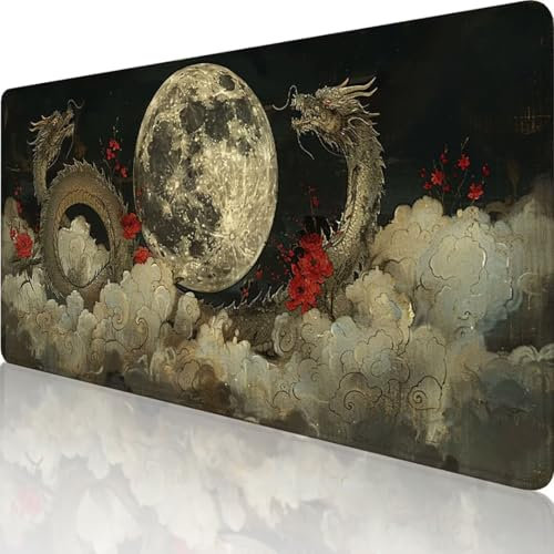 Schwarz Mauspad XXL 600x300 mm, Erweiterte Groß Mousepad Drachen, Wasserfest Schreibtischunterlage Vernähte Kanten Design, Mouse Pad mit rutschfeste Gummibasis für Pc Büro Deko, Männer Geschenke 7-A
