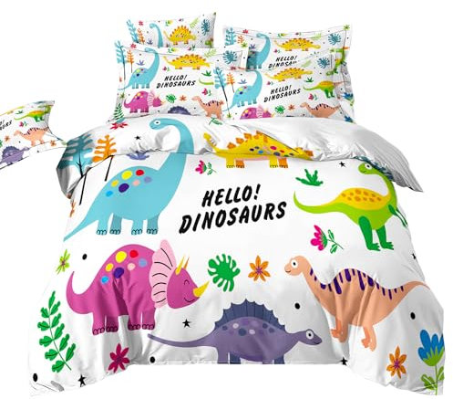 ZZTBQ Cartoon Dino Kinderbettwäsche 135x200 Cartoon Dinosaurier Bettwäsche 135x200 Bunter Dino Muster Bettwäsche für Kinder mit Reißverschluss Mikrofaser Bettbezug 135x200 cm + 1 Kissenbezug 80x80 cm