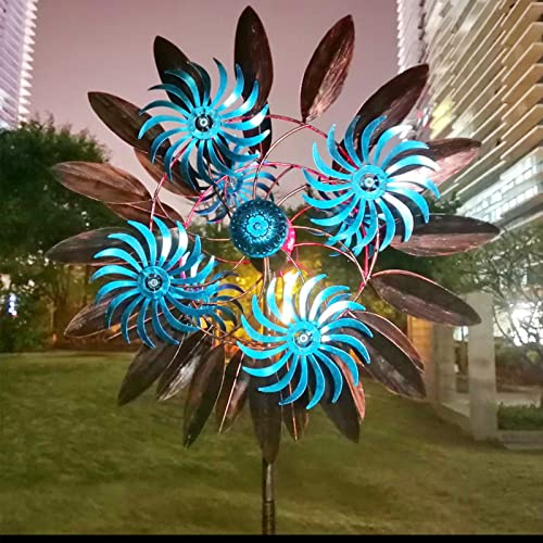 FLNOZAMZ Rotateur de Vent scène Moulin à Vent Accessoires Filet Rouge posant Cour de Jardin tournant en Fer forgé avec lumières Roue Bleue Moulin à Vent Double Face