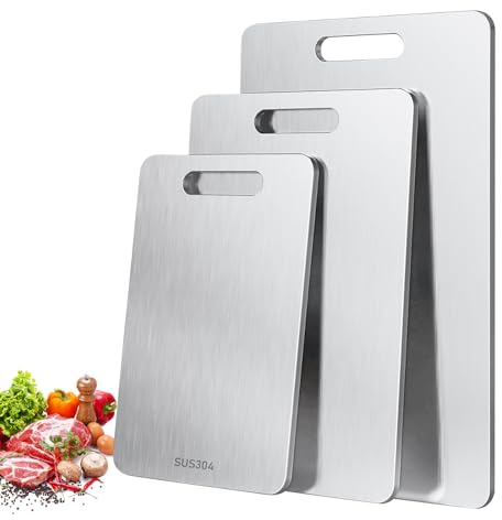 3 Pz Set di Assi da Taglio in Acciaio Inox con Superficie in Titanio - Assi da Taglio Duplex, Senza BPA, 29x20 cm, 34x23 cm, 39x28 cm per Carne, Pane, Verdura,