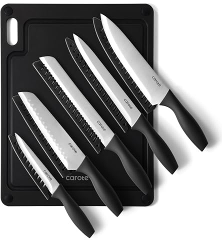 CAROTE Knife Set, 11 Pcs Kitchen Knives with 5 Blade Guards & Non-Slip Cutting Board, Rustproof Stainless Steel 5 Kitchen Knife Set, Plain Black