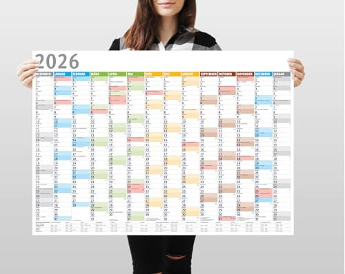 Din A1 Wandkalender für 2026, 14 Monate, Jahreskalender Monatsübersicht, (84,1 cm x 59,4 cm),Planer Termine, bspw. für Büro, Zuhause, Jahresplaner, Monatsplaner, Familienkalender, Kalender gefaltet