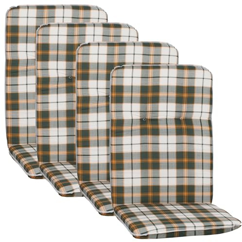 NYVI Hochlehner Auflagen Hawaii 4er Set - 114x47 cm Grün Orange Weiß Kariert - Gartenmöbel Auflage mit 5 cm Polster und Gummi-Halteband