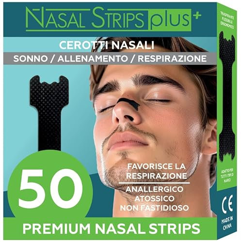 Cerotti nasali antirussamento 50 pezzi neri,uomo e donna, per sonno e sport, a lunga tenuta, tessuto premium, anallergico, senza medicinali