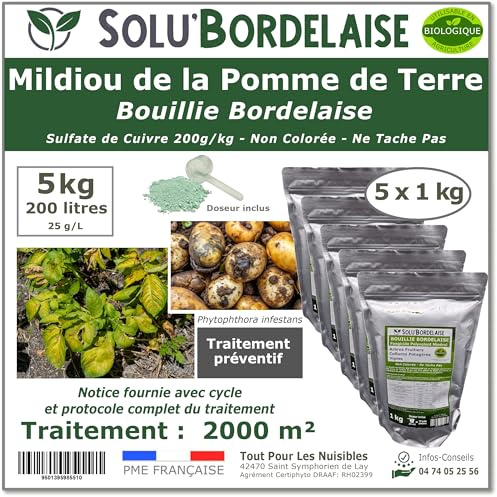 Solu'Bordelaise - 5 kg de Bouillie Bordelaise - Mildiou de la pomme de terre - Utilisable Agriculture Biologique - 5 Sachets Refermable de 1 kg