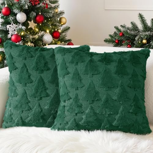 Lonya 2 Stück Kissenbezug Weihnachten 45 x 45 cm Super Weich Plüsch Flauschig Samt Weihnachtsdeko Kissen Cozy Deko Wohnzimmer Couch mit Unsichtbaren Reißverschluss Weihnachtsbaum-Grün-D