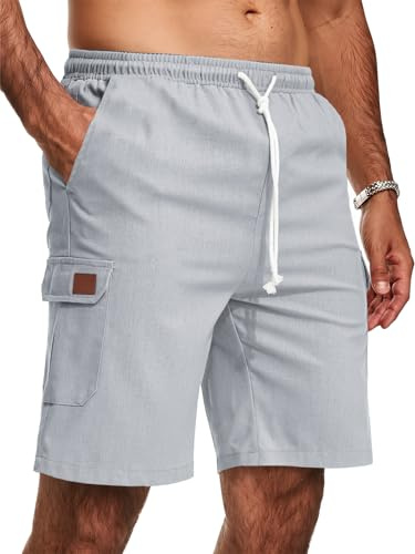 Zetieny cargoshorts för män av linne med elastiskt band och fickor lätta, LJUSGRÅ, L