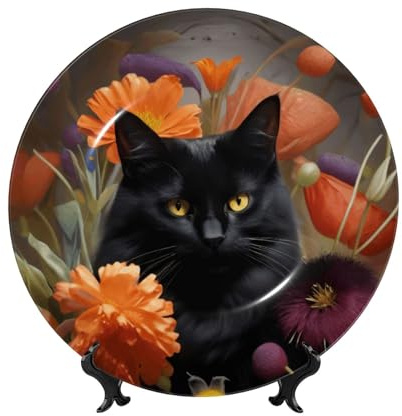 KYVTYBGDD Bone China Decorative Plate Black Cat And Flower Print Home Wobble-Plate With Display Stand, Porcelain Plate For Home Kitchen Bedroom Decor, Round 6, 7, 8, 10 Inch